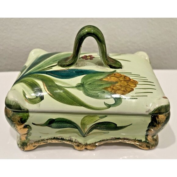 MCM Italy Hand Painted Trinket Dish Lidded Numbered Green Gold Vintage Rectangle - Picture 1 of 14